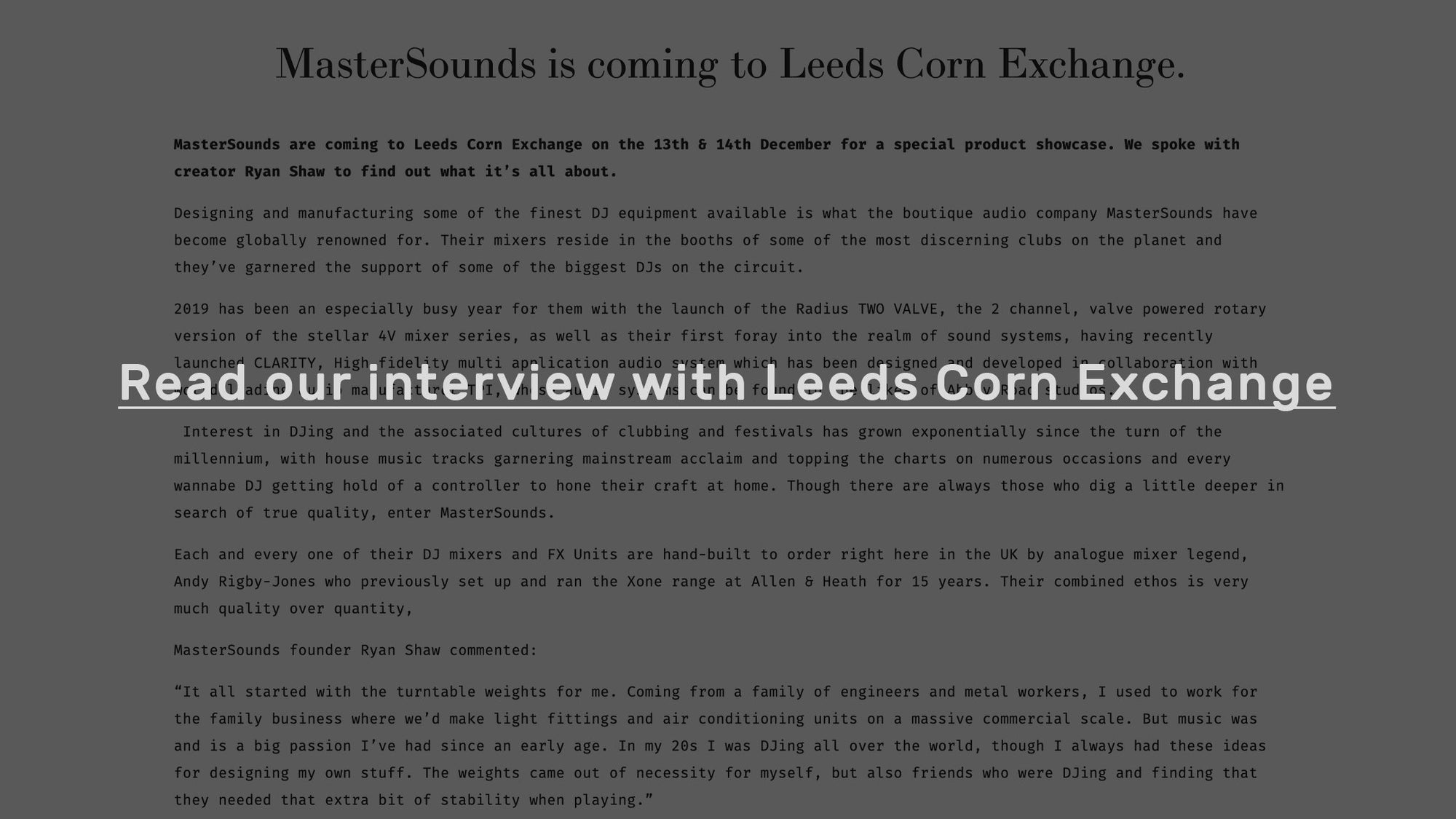 Ryan Speaks With the Leeds Corn Exchange - MasterSounds